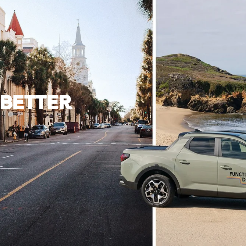 Two images showing a city street and a beach with a car, with text about distributing functional better products.
